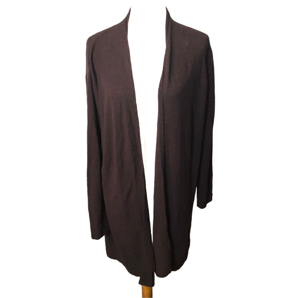 Eileen Fisher brown wool crepe long line loose knit open front cardigan Size L